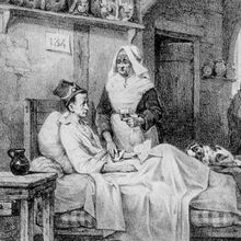 A lithograph of a woman sitting up in bed while a nurse attends to her. 