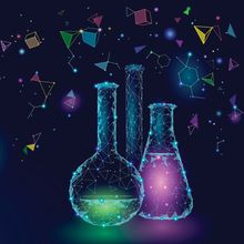An abstract rendering of laboratory flasks with green and pink glowing liquid and scientific shapes floating above.