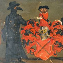 Person in a black, beaked robe (left) and man in a black tunic (right), flanking a red coat of arms