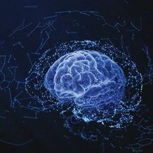 A rendering of a human brain in blue on a dark background with blue and white lines surrounding the brain to represent the construction of new connections in the brain.
