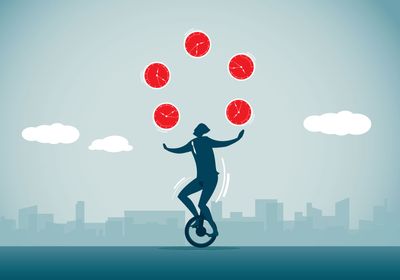 An illustration of a person on a unicycle juggling clocks to indicate a busy schedule.