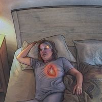 An illustration of a woman in bed unable to sleep. The bedside clock reads 2:30. Her brain and heart are glowing.