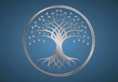 A silver tree showing roots and branches in a circle on a blue background.