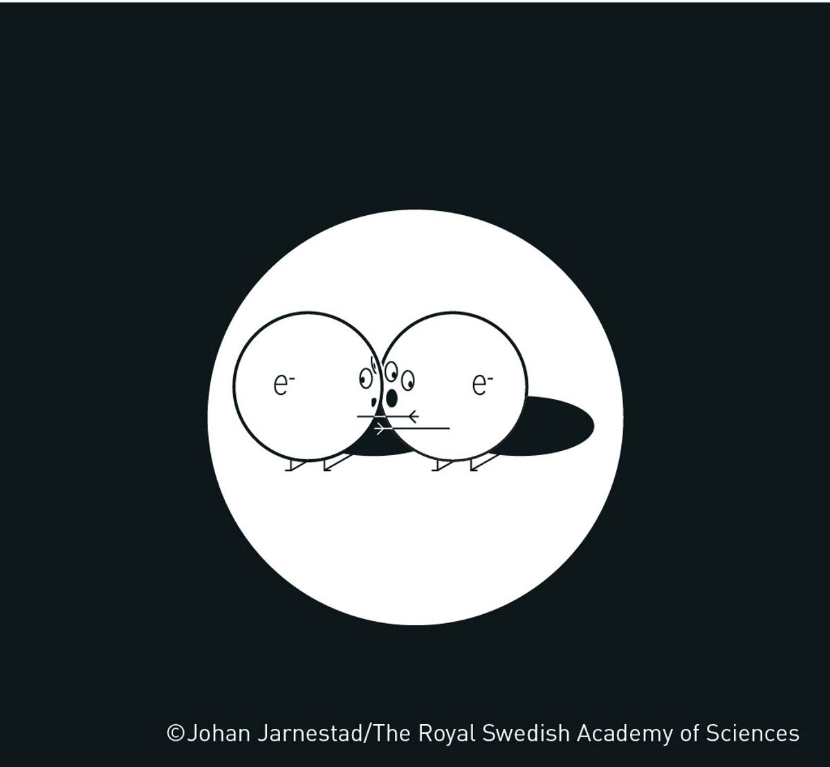 Black and white cartoon of two electrons under a spotlight.