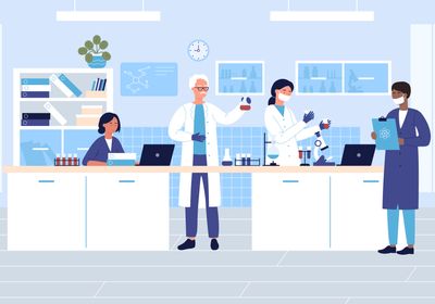 Illustration of a group scientists in medical or chemical laboratory.