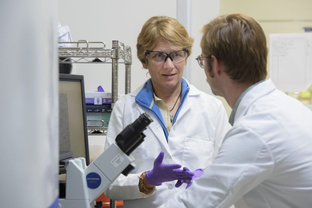 Carolyn Bertozzi in the laboratory with graduate student Elliot Woods, discussing in front of a microscope.